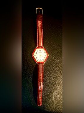 Chantilly Hexagon Red Leather Strap Watch
